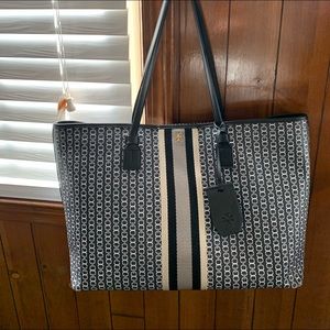 Tori Burch Gemini Link Canvas Tote blue magnetic snap inner pocket ID tag